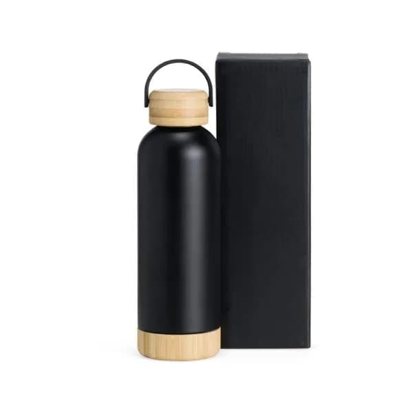 GARRAFA PAREDE DUPLA COM DETALHES EM BAMBU - PRETA - 500 ML - imagem 1
