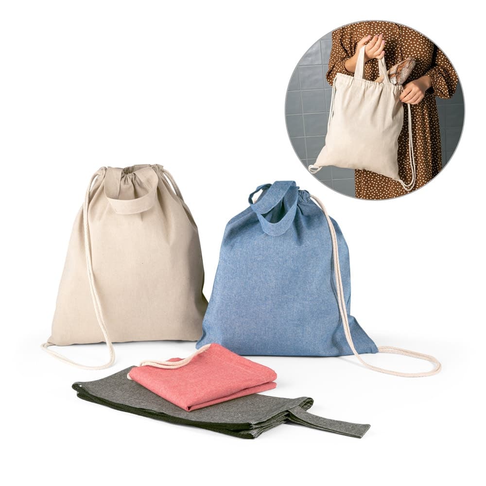 Sacola tipo mochila em 70% algodao reciclado e 30% poliester reciclado (140g/m²) sem tingimento - imagem 1