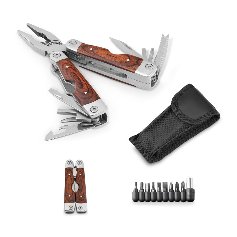 Alicate dobravel com 20 ferramentas multifuncoes em aco inox e madeira - imagem 1