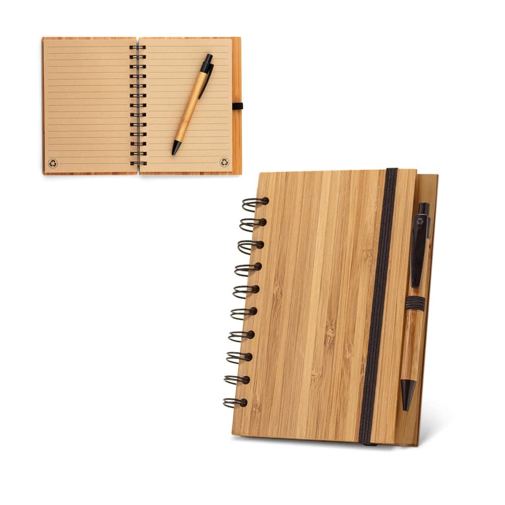 Caderno A5 espiral de capa dura em bambu, com paginas pautadas em papel 100% reciclado - imagem 1