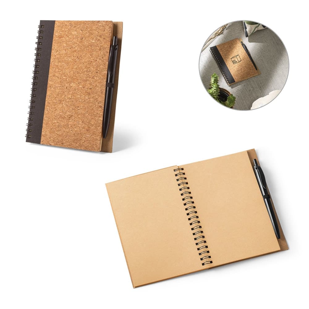 Caderno B6 de capa dura em cortica e PET 100% reciclado, com paginas lisas recicladas - imagem 1