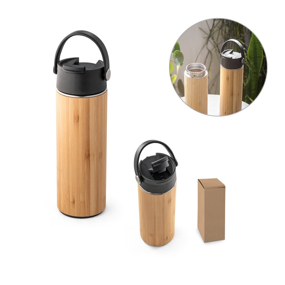Garrafa termica em aco inox e bambu, de parede dupla isolada a vacuo (440 mL) - imagem 1