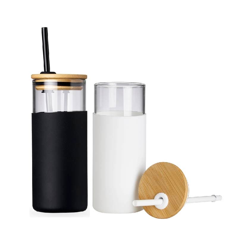 Copo de Vidro 450ml com Tampa de Bambu e Canudo Personalizado - imagem 1
