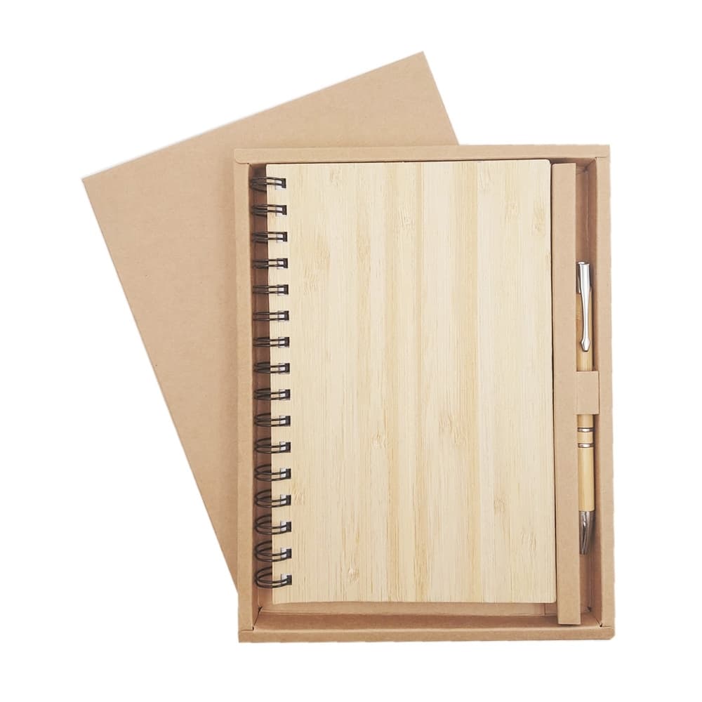 Kit Bloco de Anotações com Pauta e Caneta em Bambu Personalizado - imagem 1