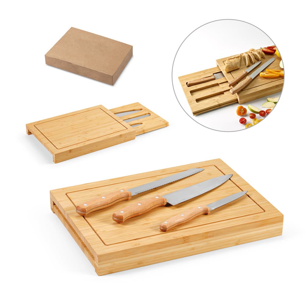 Conjunto de Tábuas em Bambu com 3 Facas Personalizado - imagem 1