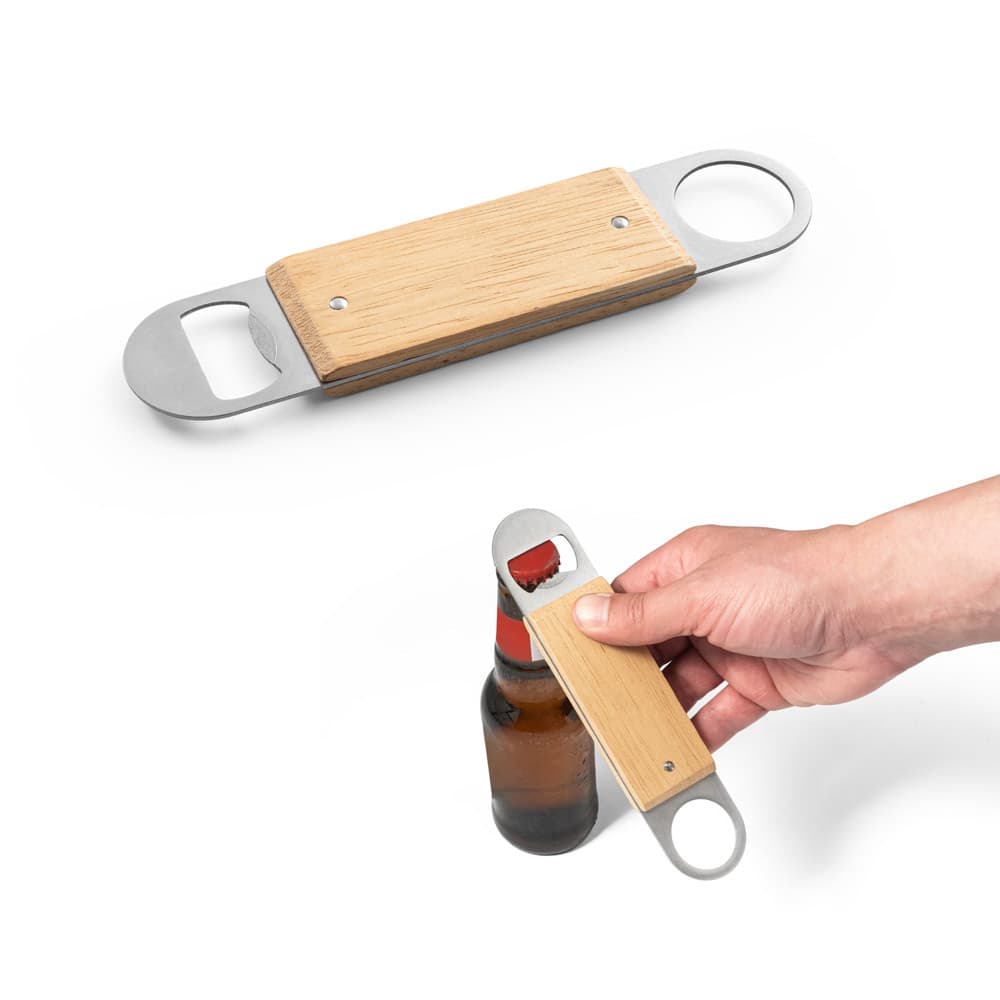 Abridor de Garrafas em Aço Inox e Madeira Personalizado - imagem 1