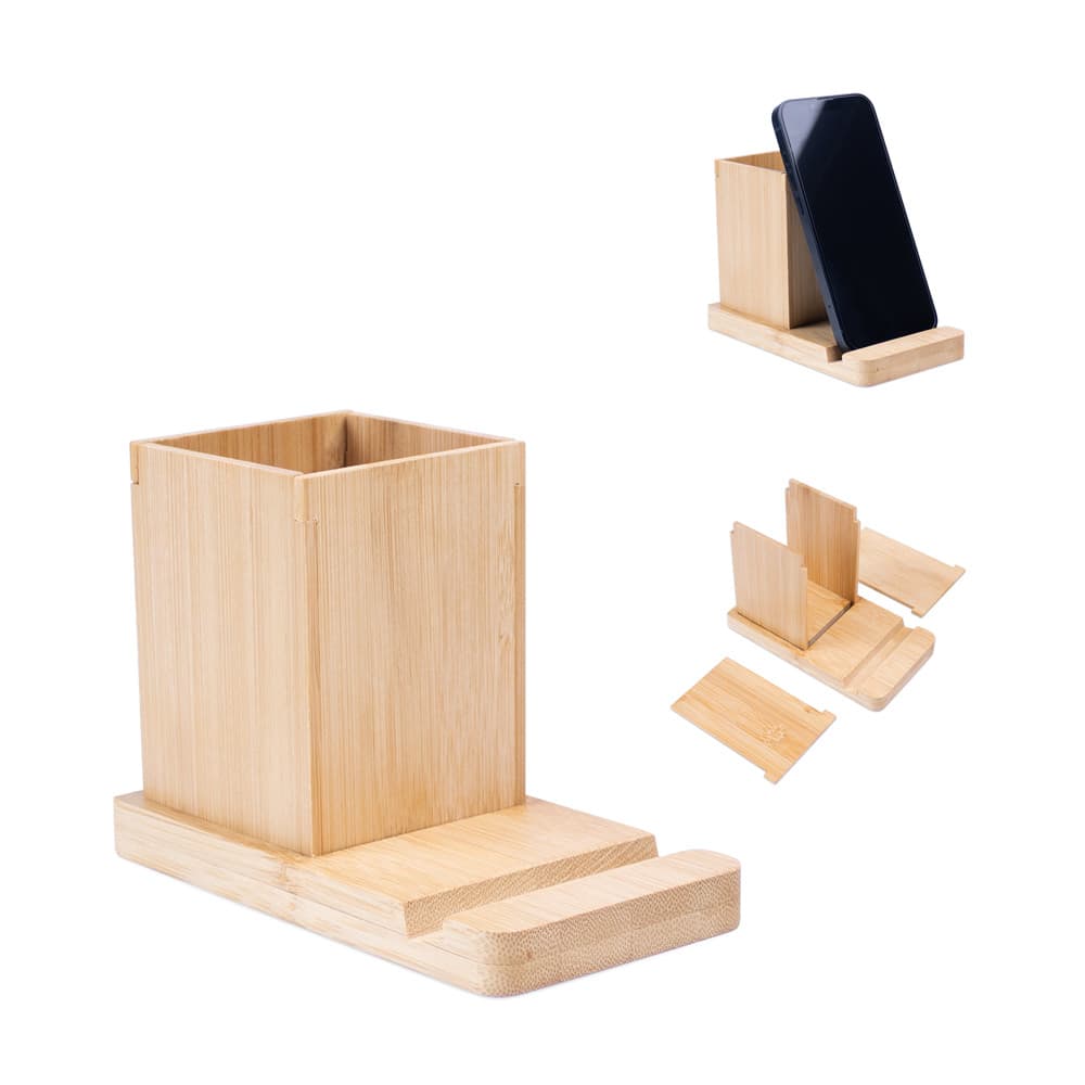 Suporte para Celular em Bambu com Porta-Caneta Personalizado - imagem 1