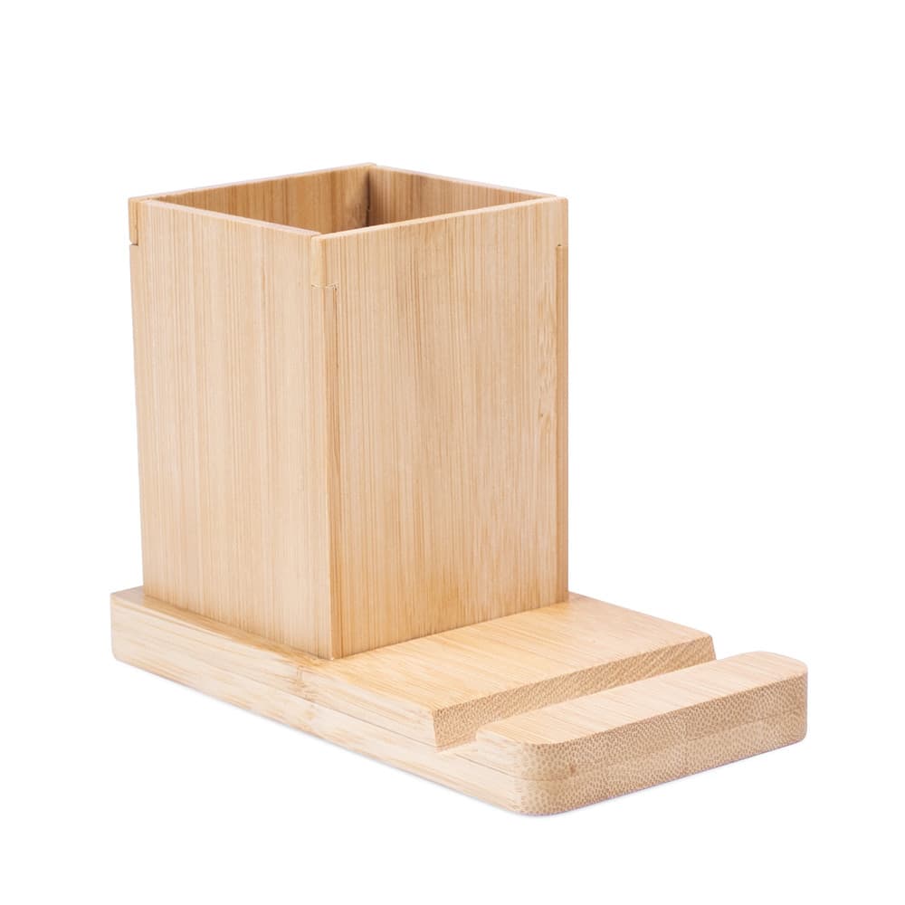 Suporte para Celular em Bambu com Porta-Caneta Personalizado - segunda imagem