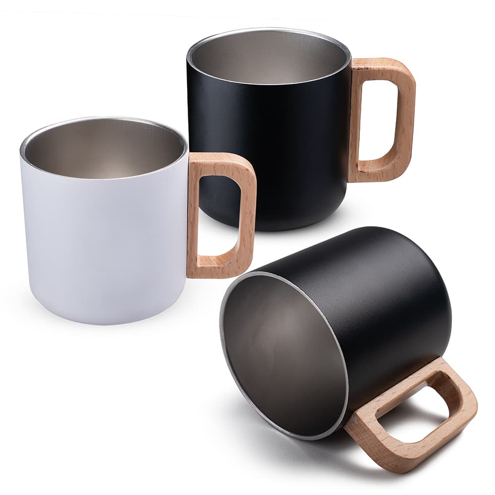 Caneca Térmica Inox 400ml com Alça de Madeira Personalizada - imagem 1