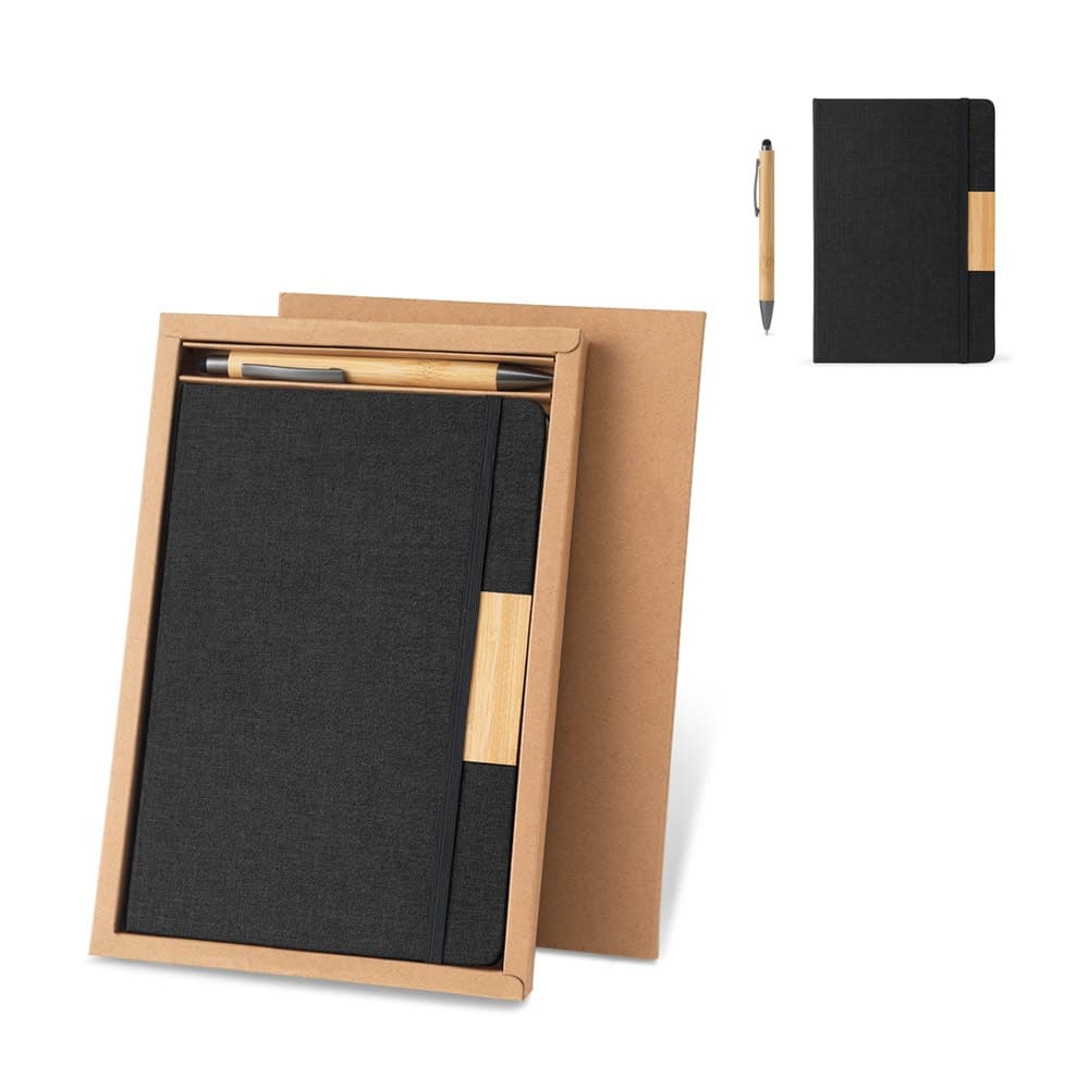 Conjunto composto por um caderno A5 de capa rigida e uma caneta esferografica em bambu - imagem 1