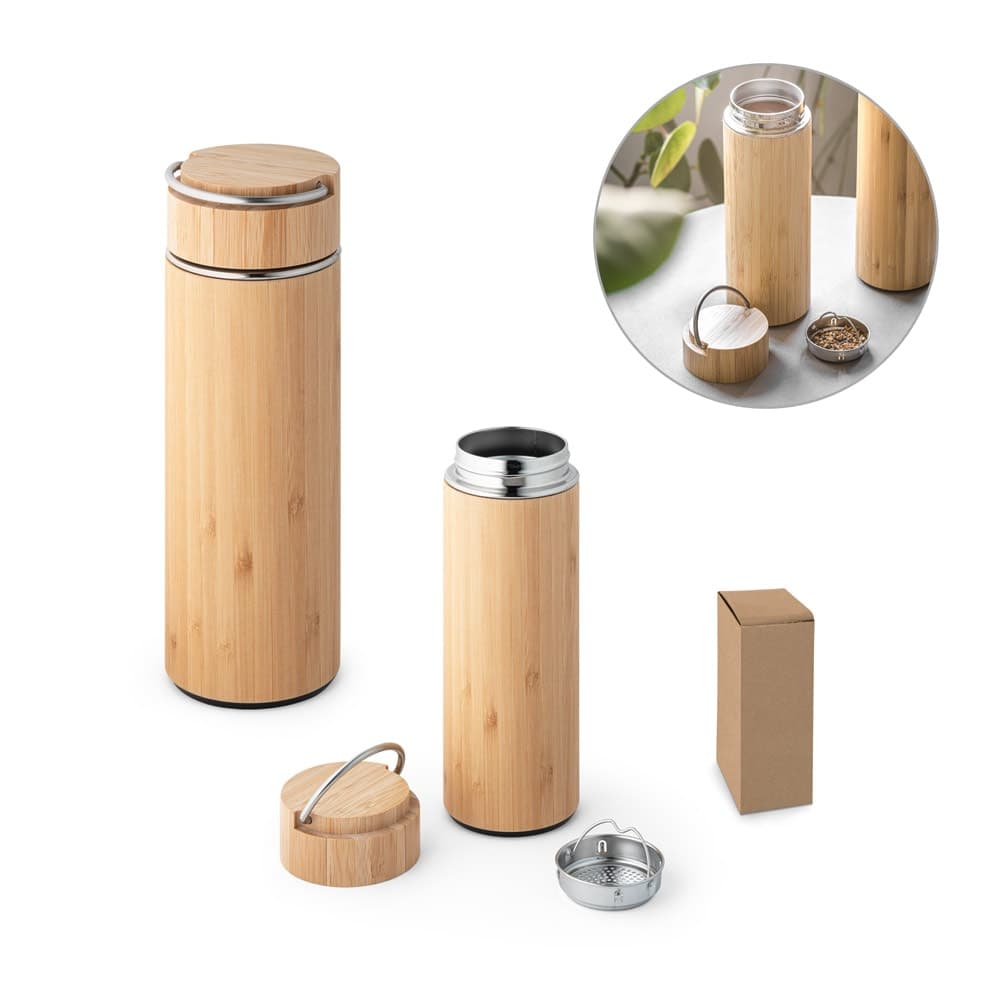 Garrafa termica em aco inox e bambu, de parede dupla isolada a vacuo (440 mL) - imagem 1