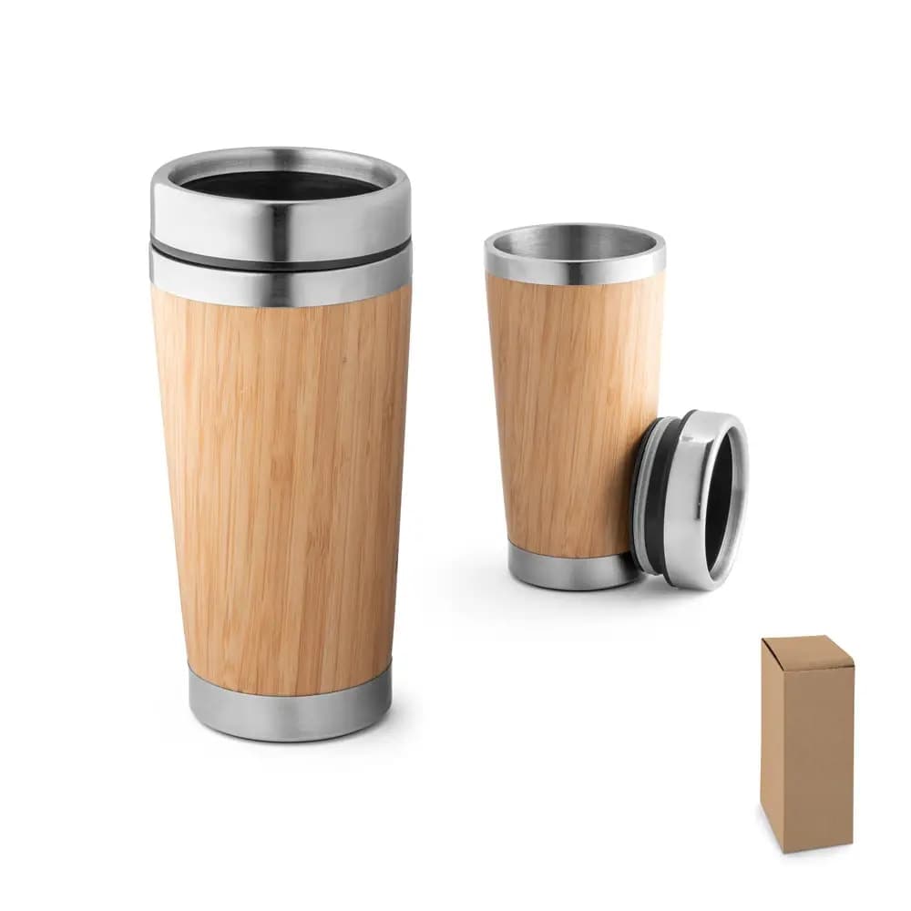 Copo de viagem em aco inox e bambu, termico com parede dupla isolada a ar, com sistema de abertura deslizante 500 ml - imagem 1