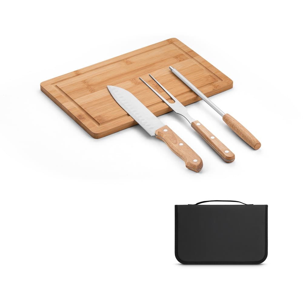 Kit churrasco em estojo de 210D com tabua em bambu e 3 utensilios em aco inox e madeira de Seringueira - imagem 1