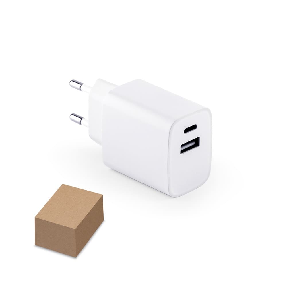 Adaptador de corrente com porta USB-A 18W e USB-C 20W em ABS 100% reciclado - imagem 1