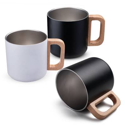 Caneca térmica com alça em madeira